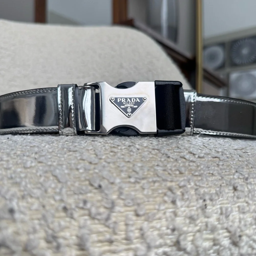Prada Metallic Spazzolato Leather and Woven Tape Belt